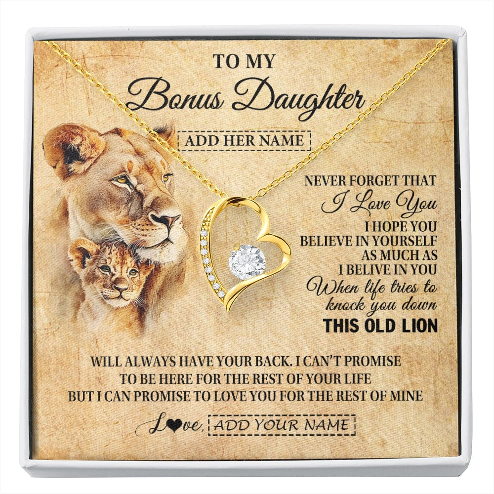 Forever Love Necklace 18K Yellow Gold Finish | 1 | Personalized To My Bonus Daughter Gifts From Stepmom Lion Necklace I Love You Stepdaughter Birthday Gifts Graduation Christmas Custom Gift Box Message Card | siriusteestore.myshopify
