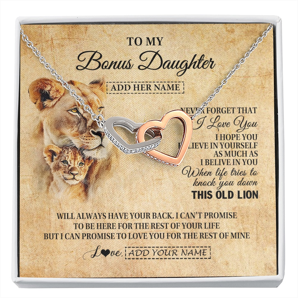 Interlocking Hearts Necklace Stainless Steel & Rose Gold Finish | 1 | Personalized To My Bonus Daughter Gifts From Stepmom Lion Necklace I Love You Stepdaughter Birthday Gifts Graduation Christmas Custom Gift Box Message Card | siriusteestore.myshopify