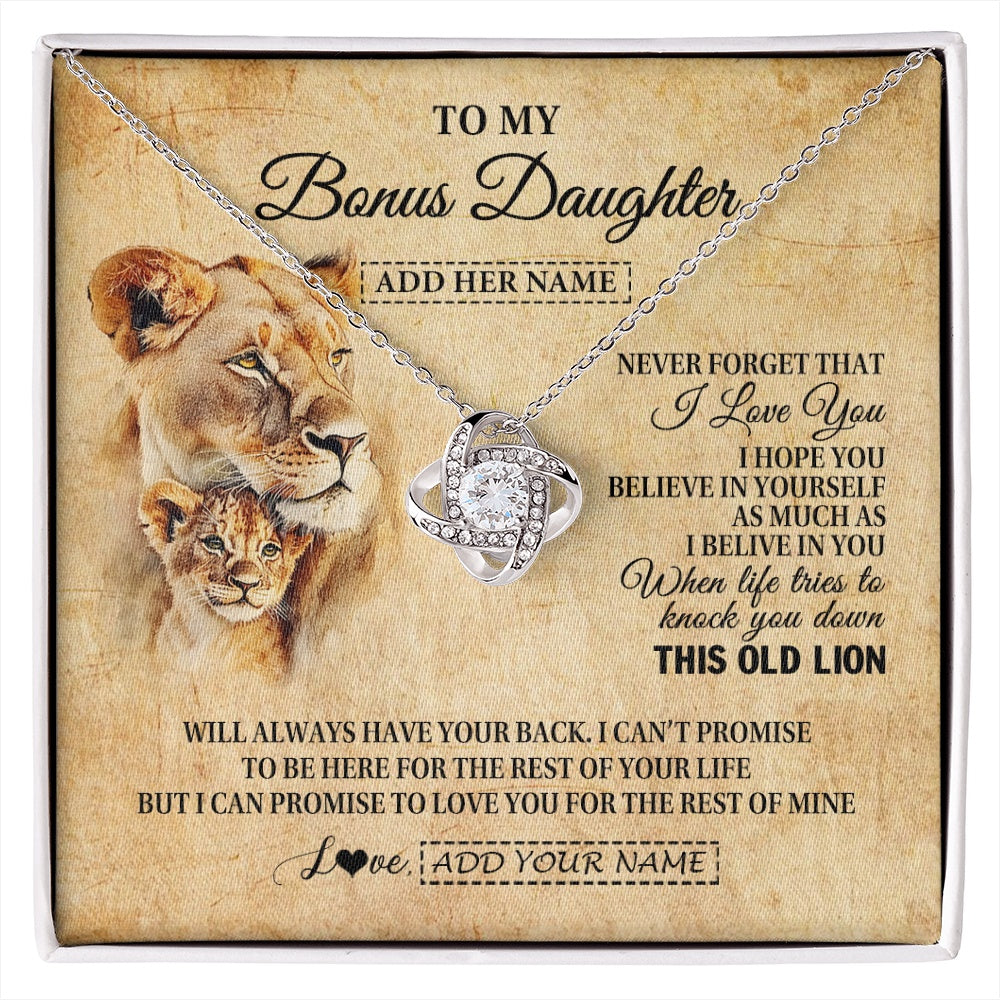 Love Knot Necklace 14K White Gold Finish | 1 | Personalized To My Bonus Daughter Gifts From Stepmom Lion Necklace I Love You Stepdaughter Birthday Gifts Graduation Christmas Custom Gift Box Message Card | siriusteestore.myshopify