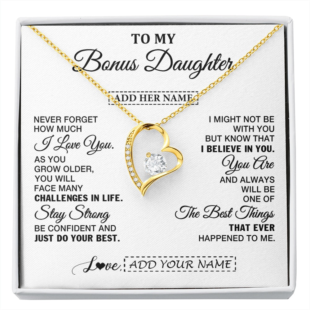 Forever Love Necklace 18K Yellow Gold Finish | 1 | Personalized To My Bonus Daughter Gifts From Stepmom Necklace I Love You Thoughtful Keepsake Gift Stepdaughter Birthday Christmas Custom Gift Box Message Card | https://siriusteestore.