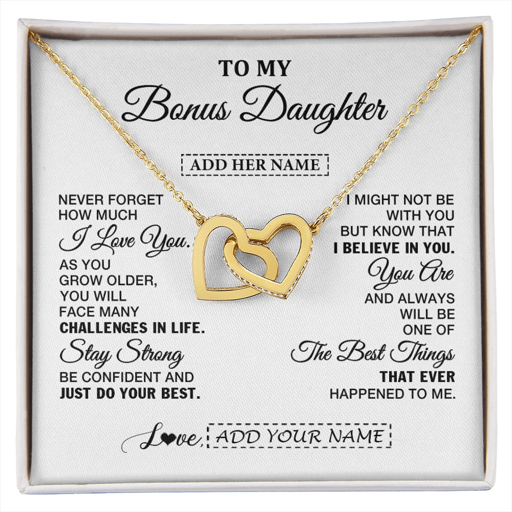 Interlocking Hearts Necklace 18K Yellow Gold Finish | 1 | Personalized To My Bonus Daughter Gifts From Stepmom Necklace I Love You Thoughtful Keepsake Gift Stepdaughter Birthday Christmas Custom Gift Box Message Card | https://siriusteestore.