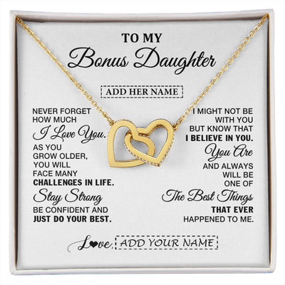 Interlocking Hearts Necklace 18K Yellow Gold Finish | 1 | Personalized To My Bonus Daughter Gifts From Stepmom Necklace I Love You Thoughtful Keepsake Gift Stepdaughter Birthday Christmas Custom Gift Box Message Card | https://siriusteestore.