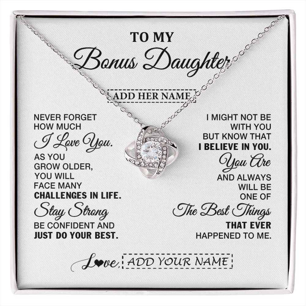Love Knot Necklace 14K White Gold Finish | 1 | Personalized To My Bonus Daughter Gifts From Stepmom Necklace I Love You Thoughtful Keepsake Gift Stepdaughter Birthday Christmas Custom Gift Box Message Card | https://siriusteestore.