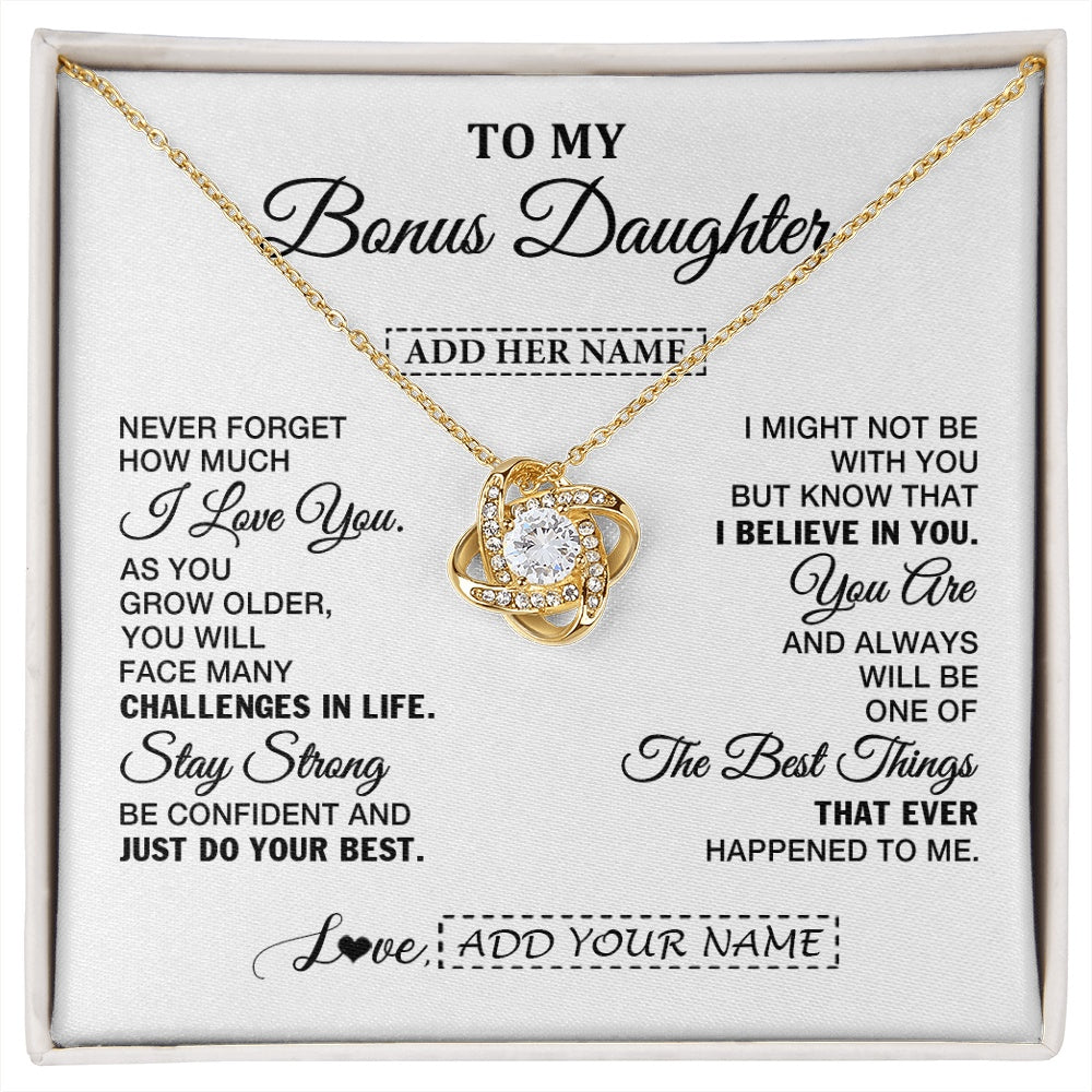 Love Knot Necklace 18K Yellow Gold Finish | 1 | Personalized To My Bonus Daughter Gifts From Stepmom Necklace I Love You Thoughtful Keepsake Gift Stepdaughter Birthday Christmas Custom Gift Box Message Card | https://siriusteestore.