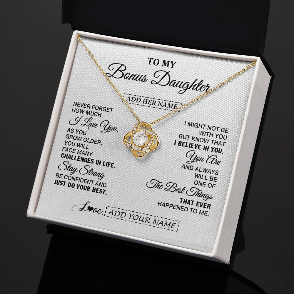 Love Knot Necklace 18K Yellow Gold Finish | 2 | Personalized To My Bonus Daughter Gifts From Stepmom Necklace I Love You Thoughtful Keepsake Gift Stepdaughter Birthday Christmas Custom Gift Box Message Card | https://siriusteestore.