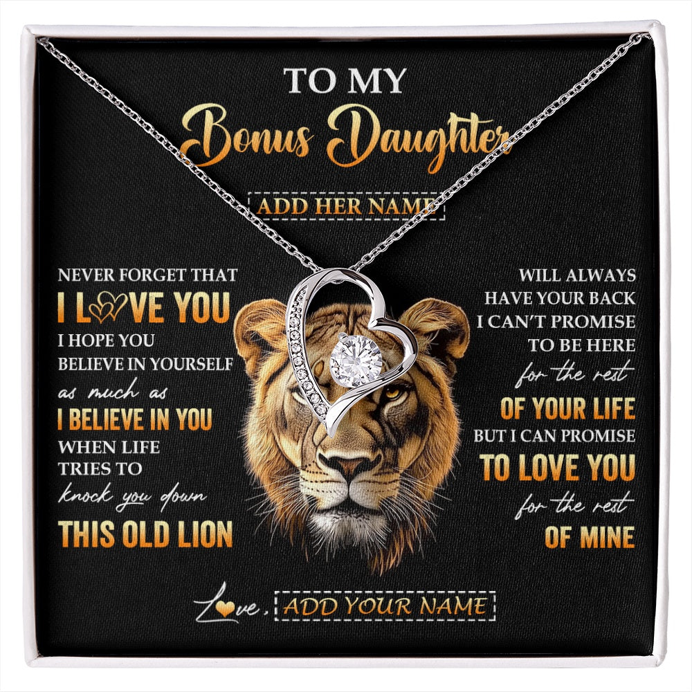 Forever Love Necklace 14K White Gold Finish | 1 | Personalized To My Bonus Daughter Gifts From Stepmom Necklace Old Lion Love You Stepdaughter Birthday Gifts Graduation Christmas Custom Gift Box Message Card | siriusteestore.myshopify