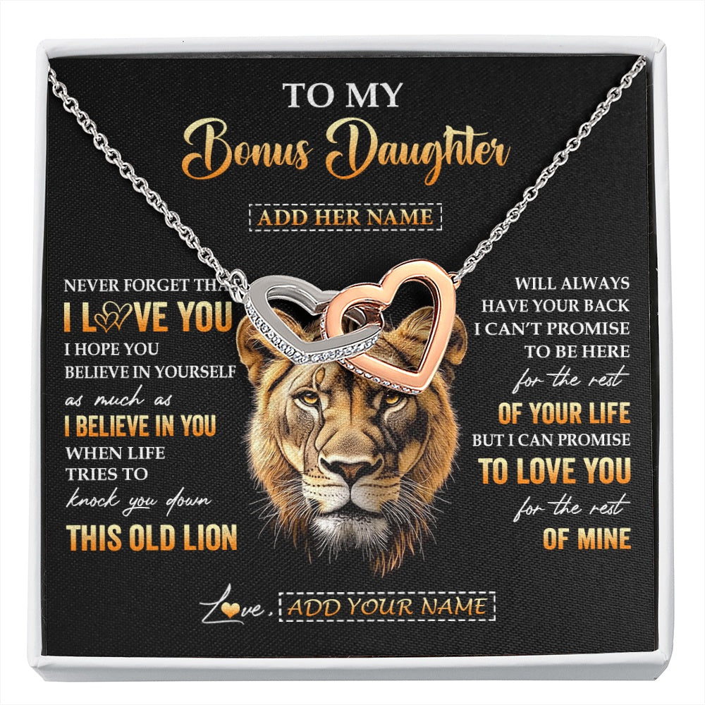 Interlocking Hearts Necklace Stainless Steel & Rose Gold Finish | 1 | Personalized To My Bonus Daughter Gifts From Stepmom Necklace Old Lion Love You Stepdaughter Birthday Gifts Graduation Christmas Custom Gift Box Message Card | siriusteestore.myshopify
