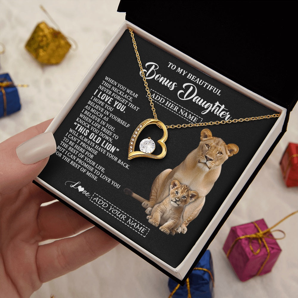 Forever Love Necklace 18K Yellow Gold Finish | 2 | Personalized To My Bonus Daughter Gifts From Stepmother Necklace This Old Lion Love You Stepdaughter Birthday Gifts Graduation Christmas Gift Box Message Card | https://siriusteestore.