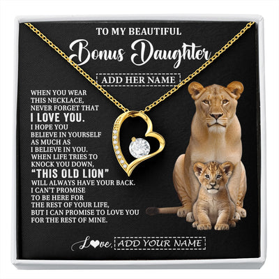 Forever Love Necklace 18K Yellow Gold Finish | 1 | Personalized To My Bonus Daughter Gifts From Stepmother Necklace This Old Lion Love You Stepdaughter Birthday Gifts Graduation Christmas Gift Box Message Card | https://siriusteestore.