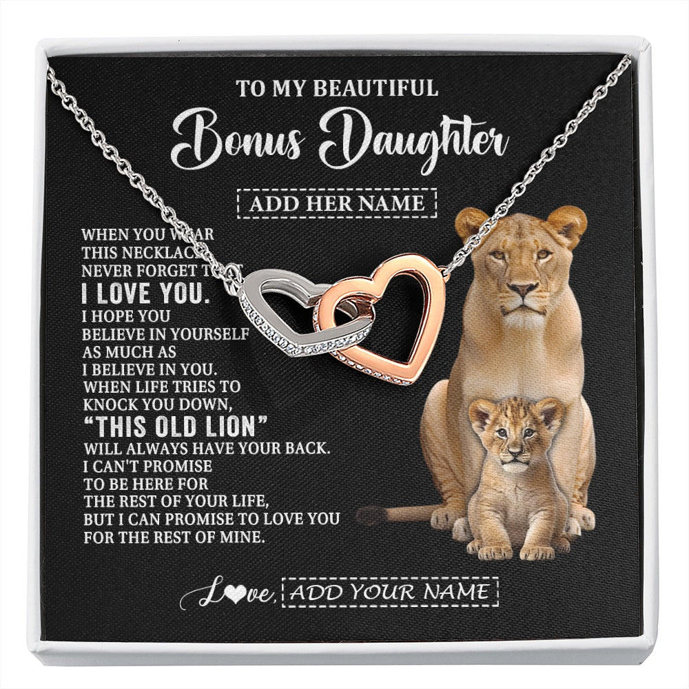 Interlocking Hearts Necklace Stainless Steel & Rose Gold Finish | 1 | Personalized To My Bonus Daughter Gifts From Stepmother Necklace This Old Lion Love You Stepdaughter Birthday Gifts Graduation Christmas Gift Box Message Card | https://siriusteestore.
