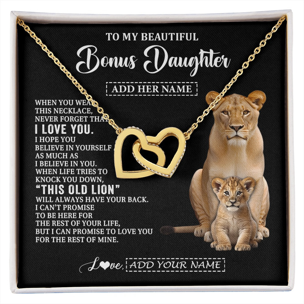 Interlocking Hearts Necklace 18K Yellow Gold Finish | 1 | Personalized To My Bonus Daughter Gifts From Stepmother Necklace This Old Lion Love You Stepdaughter Birthday Gifts Graduation Christmas Gift Box Message Card | https://siriusteestore.