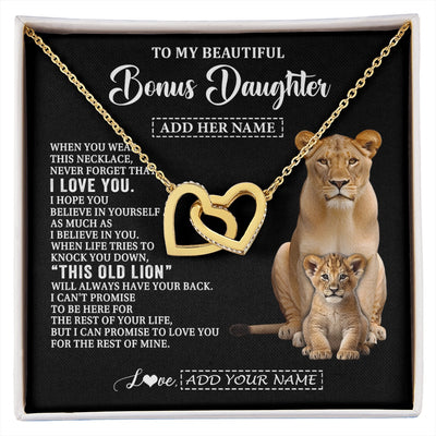 Interlocking Hearts Necklace 18K Yellow Gold Finish | 1 | Personalized To My Bonus Daughter Gifts From Stepmother Necklace This Old Lion Love You Stepdaughter Birthday Gifts Graduation Christmas Gift Box Message Card | https://siriusteestore.