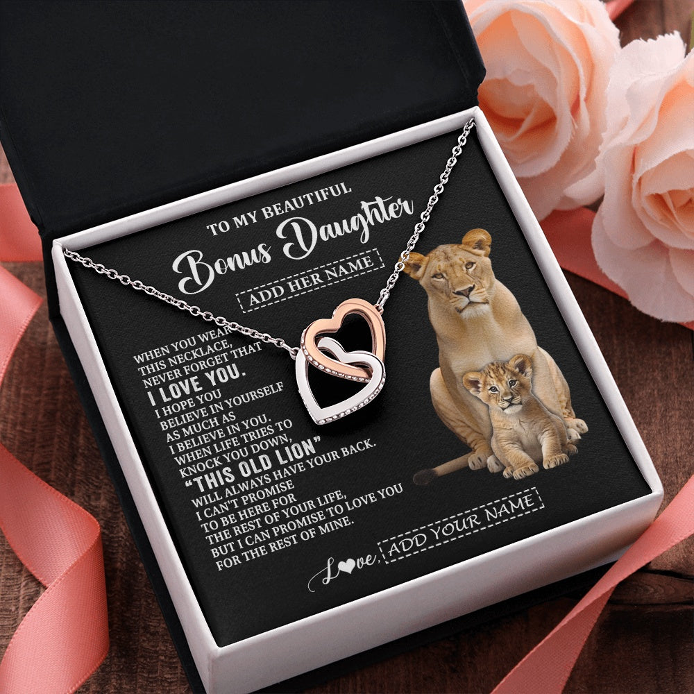 Interlocking Hearts Necklace Stainless Steel & Rose Gold Finish | 2 | Personalized To My Bonus Daughter Gifts From Stepmother Necklace This Old Lion Love You Stepdaughter Birthday Gifts Graduation Christmas Gift Box Message Card | https://siriusteestore.