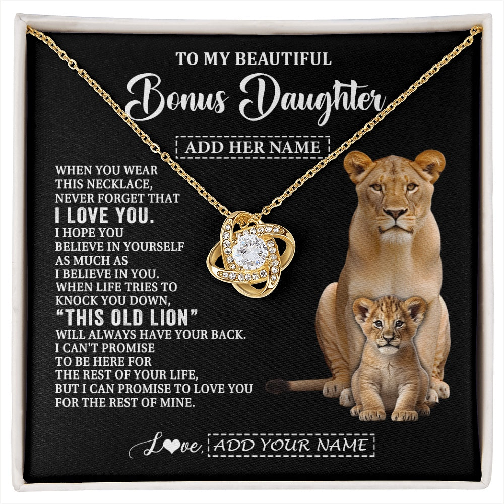 Love Knot Necklace 18K Yellow Gold Finish | 1 | Personalized To My Bonus Daughter Gifts From Stepmother Necklace This Old Lion Love You Stepdaughter Birthday Gifts Graduation Christmas Gift Box Message Card | https://siriusteestore.