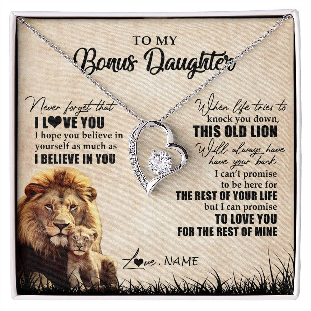 Forever Love Necklace 14K White Gold Finish | Personalized To My Bonus Daughter Gifts Necklace From Bonus Dad Old Lion Stepdaughter Jewelry Birthday Graduation Christmas Customized Gift Box Message Card | siriusteestore
