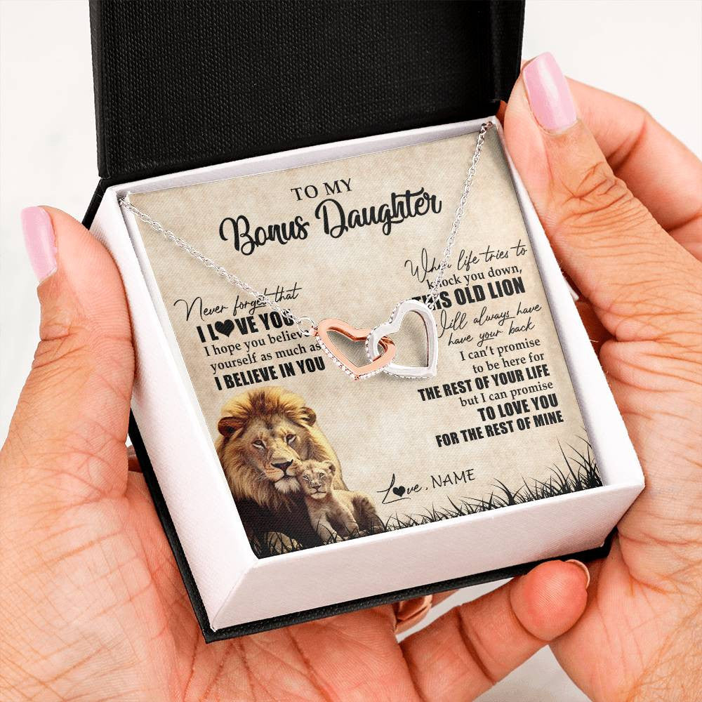 Interlocking Hearts Necklace Stainless Steel & Rose Gold Finish | Personalized To My Bonus Daughter Gifts Necklace From Bonus Dad Old Lion Stepdaughter Jewelry Birthday Graduation Christmas Customized Gift Box Message Card | siriusteestore