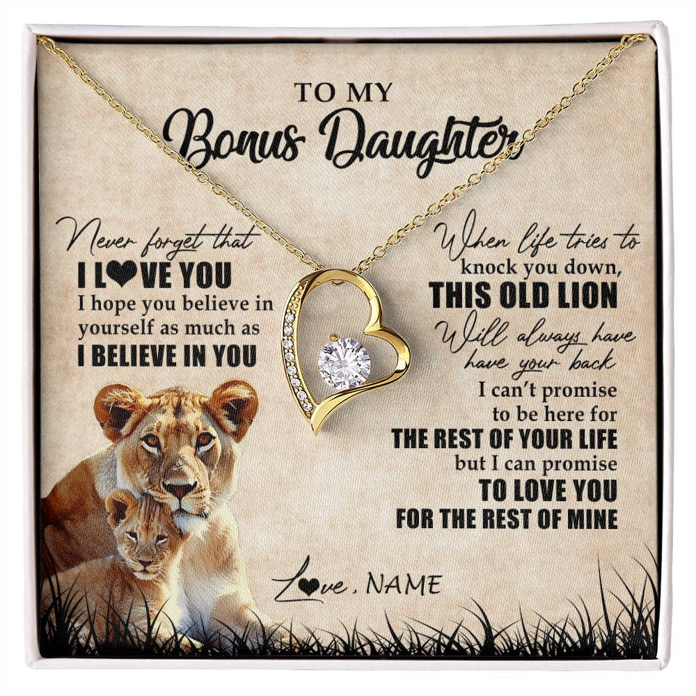 Forever Love Necklace 18K Yellow Gold Finish | Personalized To My Bonus Daughter Gifts Necklace From Bonus Mom Old Lion Stepdaughter Jewelry Birthday Graduation Christmas Customized Gift Box Message Card | siriusteestore
