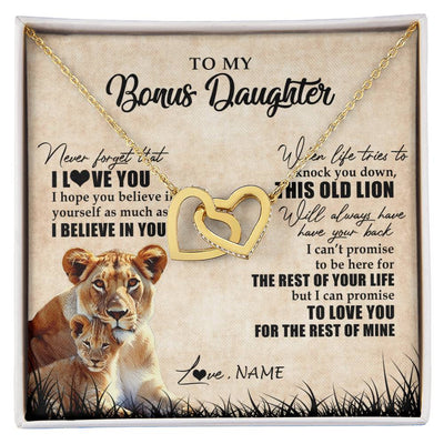 Interlocking Hearts Necklace 18K Yellow Gold Finish | Personalized To My Bonus Daughter Gifts Necklace From Bonus Mom Old Lion Stepdaughter Jewelry Birthday Graduation Christmas Customized Gift Box Message Card | siriusteestore