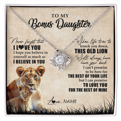 Love Knot Necklace 14K White Gold Finish | Personalized To My Bonus Daughter Gifts Necklace From Bonus Mom Old Lion Stepdaughter Jewelry Birthday Graduation Christmas Customized Gift Box Message Card | siriusteestore