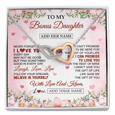 Interlocking Hearts Necklace Stainless Steel & Rose Gold Finish | 1 | Personalized To My Bonus Daughter Gifts Necklace From Step Mom Floral I Love You Birthday Gifts For Stepdaughter Graduation Christmas Gift Box Message Card | https://siriusteestore.