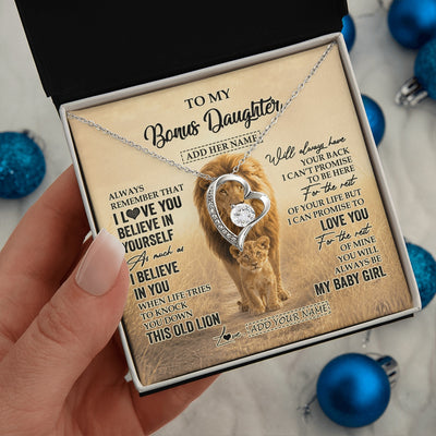 Forever Love Necklace 14K White Gold Finish | 2 | Personalized To My Bonus Daughter Gifts Necklace From Stepdad Always Remember Lion Gifts For Stepdaughter Birthday Graduation Christmas Gift Box Message Card | https://siriusteestore.