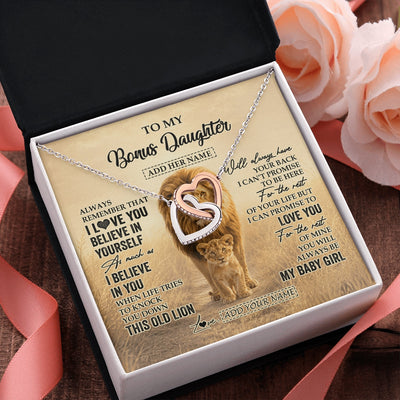 Interlocking Hearts Necklace Stainless Steel & Rose Gold Finish | 2 | Personalized To My Bonus Daughter Gifts Necklace From Stepdad Always Remember Lion Gifts For Stepdaughter Birthday Graduation Christmas Gift Box Message Card | https://siriusteestore.