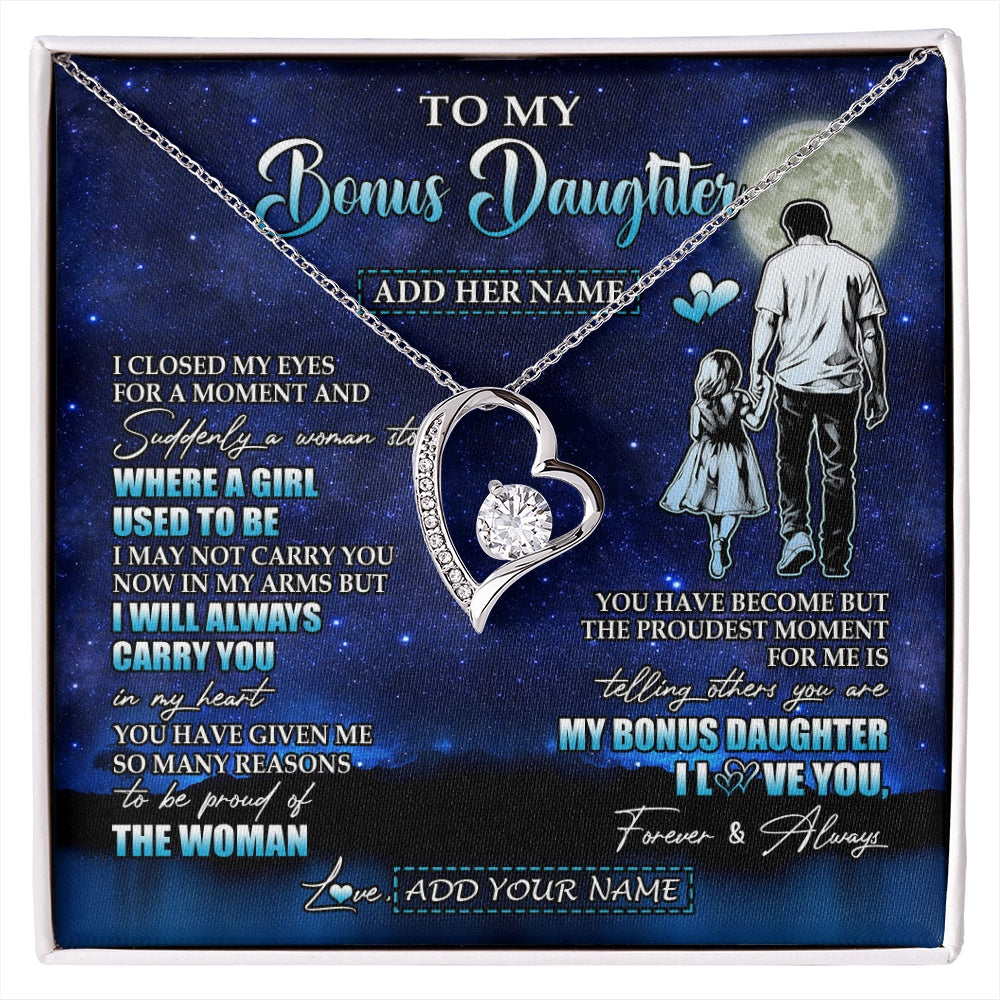 Forever Love Necklace 14K White Gold Finish | 1 | Personalized To My Bonus Daughter Gifts Necklace From Stepdad I Closed My Eyes For A Moment Stepdaughter Birthday Graduation Christmas Gift Box Message Card | siriusteestore.myshopify