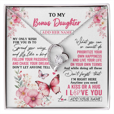 Forever Love Necklace 14K White Gold Finish | 1 | Personalized To My Bonus Daughter Gifts Necklace From Stepmom Butterfly My Only Wish For You Stepdaughter Birthday Gifts Christmas Gift Box Message Card | siriusteestore.myshopify