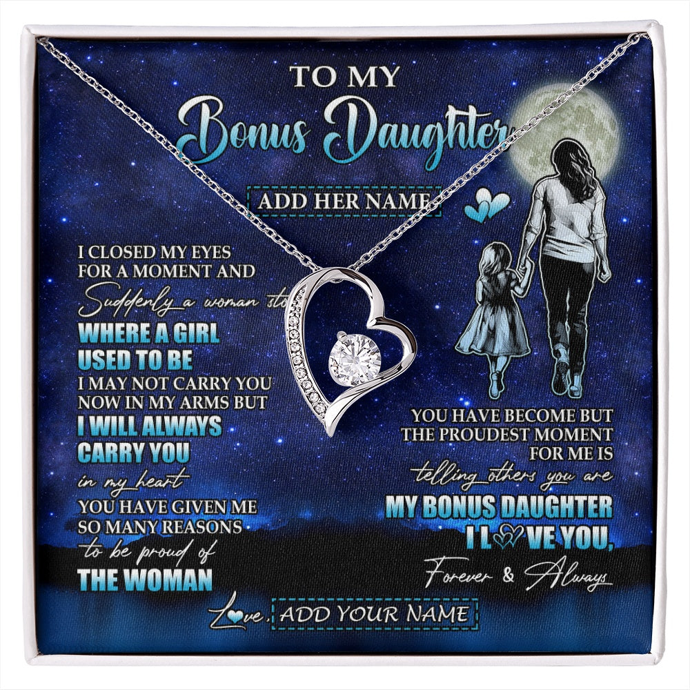 Forever Love Necklace 14K White Gold Finish | 1 | Personalized To My Bonus Daughter Gifts Necklace From Stepmom I Closed My Eyes For A Moment Stepdaughter Birthday Graduation Christmas Gift Box Message Card | siriusteestore.myshopify