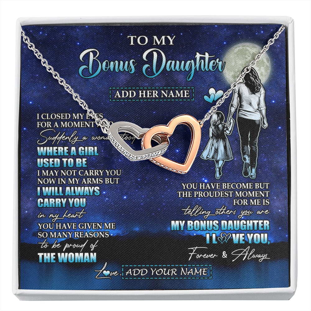 Interlocking Hearts Necklace Stainless Steel & Rose Gold Finish | 1 | Personalized To My Bonus Daughter Gifts Necklace From Stepmom I Closed My Eyes For A Moment Stepdaughter Birthday Graduation Christmas Gift Box Message Card | siriusteestore.myshopify