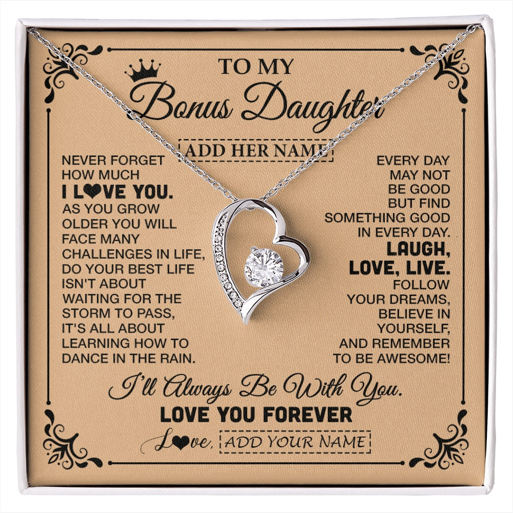 Forever Love Necklace 14K White Gold Finish | 1 | Personalized To My Bonus Daughter Gifts Necklace From Stepmom Never Forget How Much I Love You Stepdaughter Birthday Gifts Christmas Gift Box Message Card | https://siriusteestore.