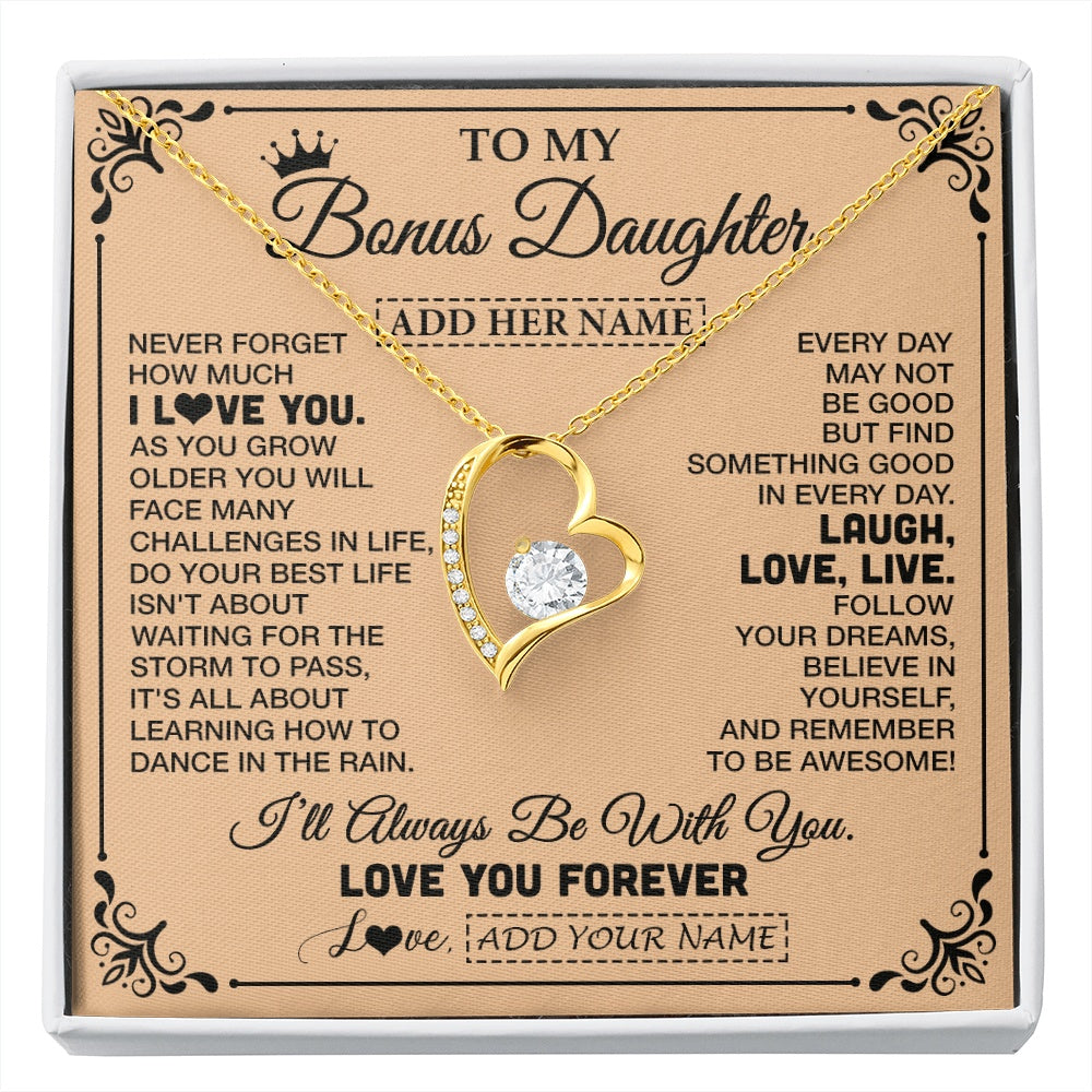 Forever Love Necklace 18K Yellow Gold Finish | 1 | Personalized To My Bonus Daughter Gifts Necklace From Stepmom Never Forget How Much I Love You Stepdaughter Birthday Gifts Christmas Gift Box Message Card | https://siriusteestore.