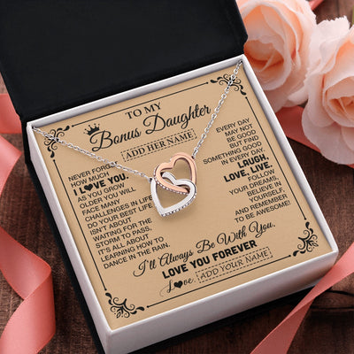 Interlocking Hearts Necklace Stainless Steel & Rose Gold Finish | 2 | Personalized To My Bonus Daughter Gifts Necklace From Stepmom Never Forget How Much I Love You Stepdaughter Birthday Gifts Christmas Gift Box Message Card | https://siriusteestore.