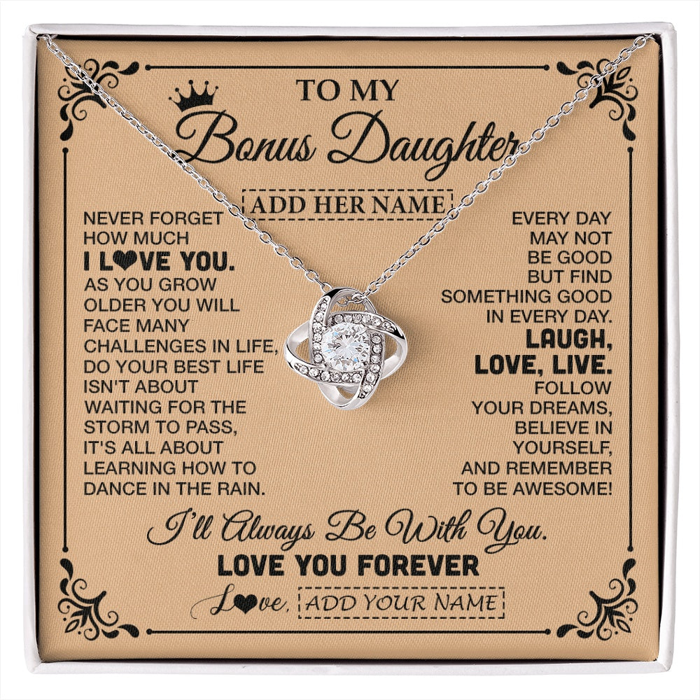 Love Knot Necklace 14K White Gold Finish | 1 | Personalized To My Bonus Daughter Gifts Necklace From Stepmom Never Forget How Much I Love You Stepdaughter Birthday Gifts Christmas Gift Box Message Card | https://siriusteestore.