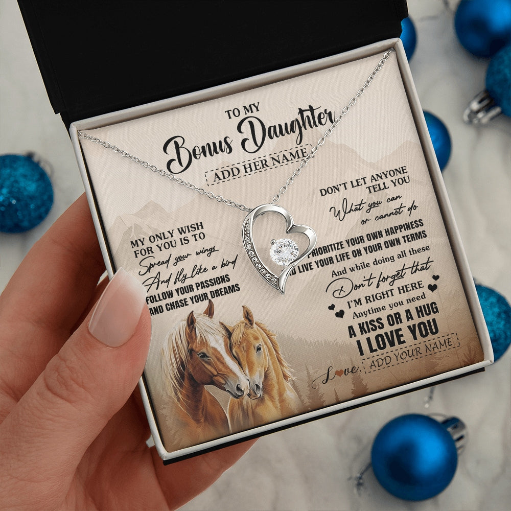 Forever Love Necklace 14K White Gold Finish | 2 | Personalized To My Bonus Daughter Gifts Necklace From Stepmom Stepdad Horse My Only Wish For You Stepdaughter Birthday Gifts Christmas Gift Box Message Card | https://siriusteestore.