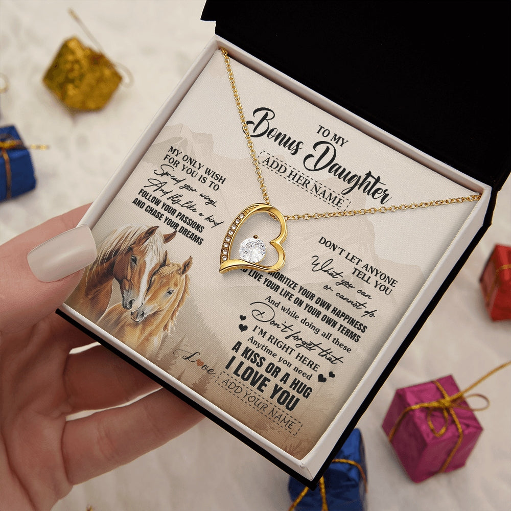 Forever Love Necklace 18K Yellow Gold Finish | 2 | Personalized To My Bonus Daughter Gifts Necklace From Stepmom Stepdad Horse My Only Wish For You Stepdaughter Birthday Gifts Christmas Gift Box Message Card | https://siriusteestore.