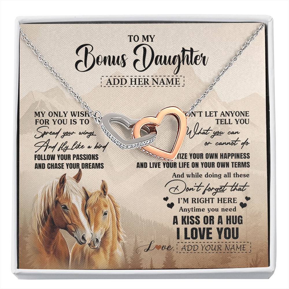 Interlocking Hearts Necklace Stainless Steel & Rose Gold Finish | 1 | Personalized To My Bonus Daughter Gifts Necklace From Stepmom Stepdad Horse My Only Wish For You Stepdaughter Birthday Gifts Christmas Gift Box Message Card | https://siriusteestore.