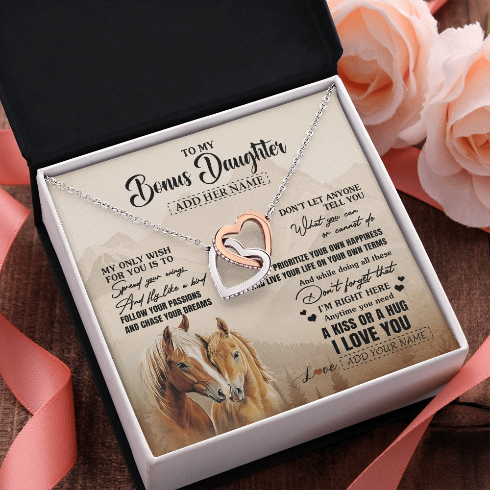 Interlocking Hearts Necklace Stainless Steel & Rose Gold Finish | 2 | Personalized To My Bonus Daughter Gifts Necklace From Stepmom Stepdad Horse My Only Wish For You Stepdaughter Birthday Gifts Christmas Gift Box Message Card | https://siriusteestore.