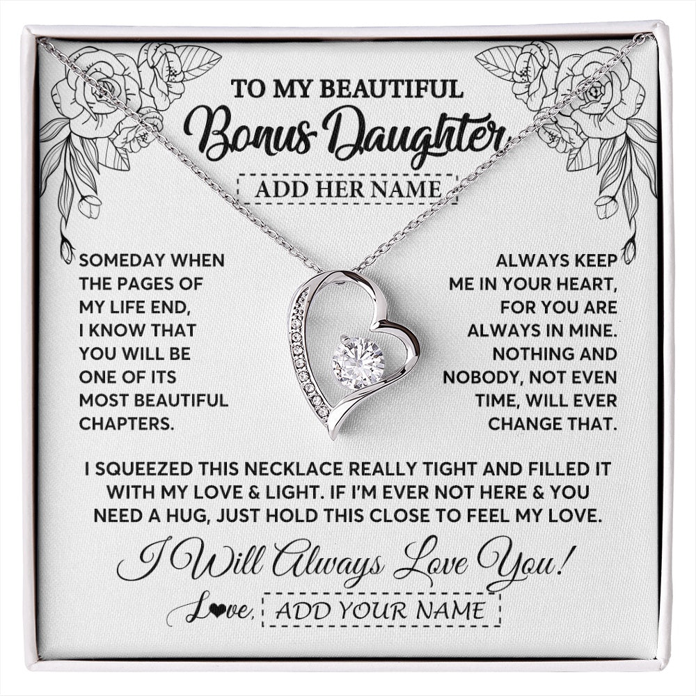 Forever Love Necklace 14K White Gold Finish | 1 | Personalized To My Bonus Daughter Gifts Necklace From Stepmom Stepdad Someday When The Pages Birthday Stepdaughter Christmas Graduation Gift Box Message Card | https://siriusteestore.