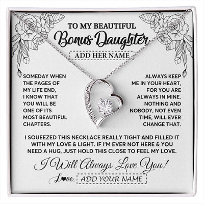 Forever Love Necklace 14K White Gold Finish | 1 | Personalized To My Bonus Daughter Gifts Necklace From Stepmom Stepdad Someday When The Pages Birthday Stepdaughter Christmas Graduation Gift Box Message Card | https://siriusteestore.