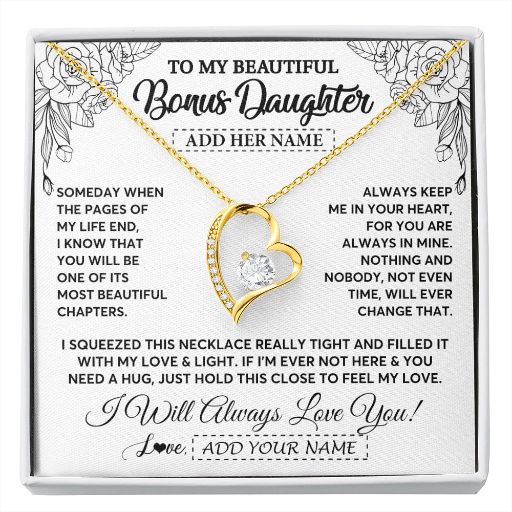 Forever Love Necklace 18K Yellow Gold Finish | 1 | Personalized To My Bonus Daughter Gifts Necklace From Stepmom Stepdad Someday When The Pages Birthday Stepdaughter Christmas Graduation Gift Box Message Card | https://siriusteestore.