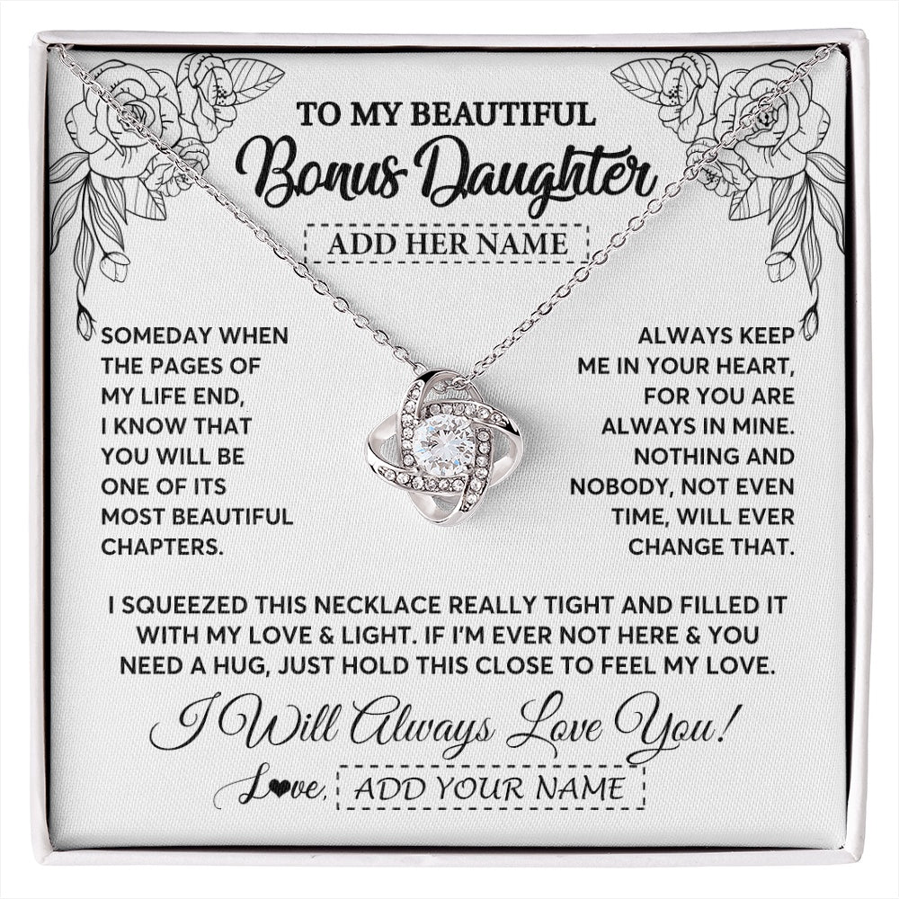 Love Knot Necklace 14K White Gold Finish | 1 | Personalized To My Bonus Daughter Gifts Necklace From Stepmom Stepdad Someday When The Pages Birthday Stepdaughter Christmas Graduation Gift Box Message Card | https://siriusteestore.
