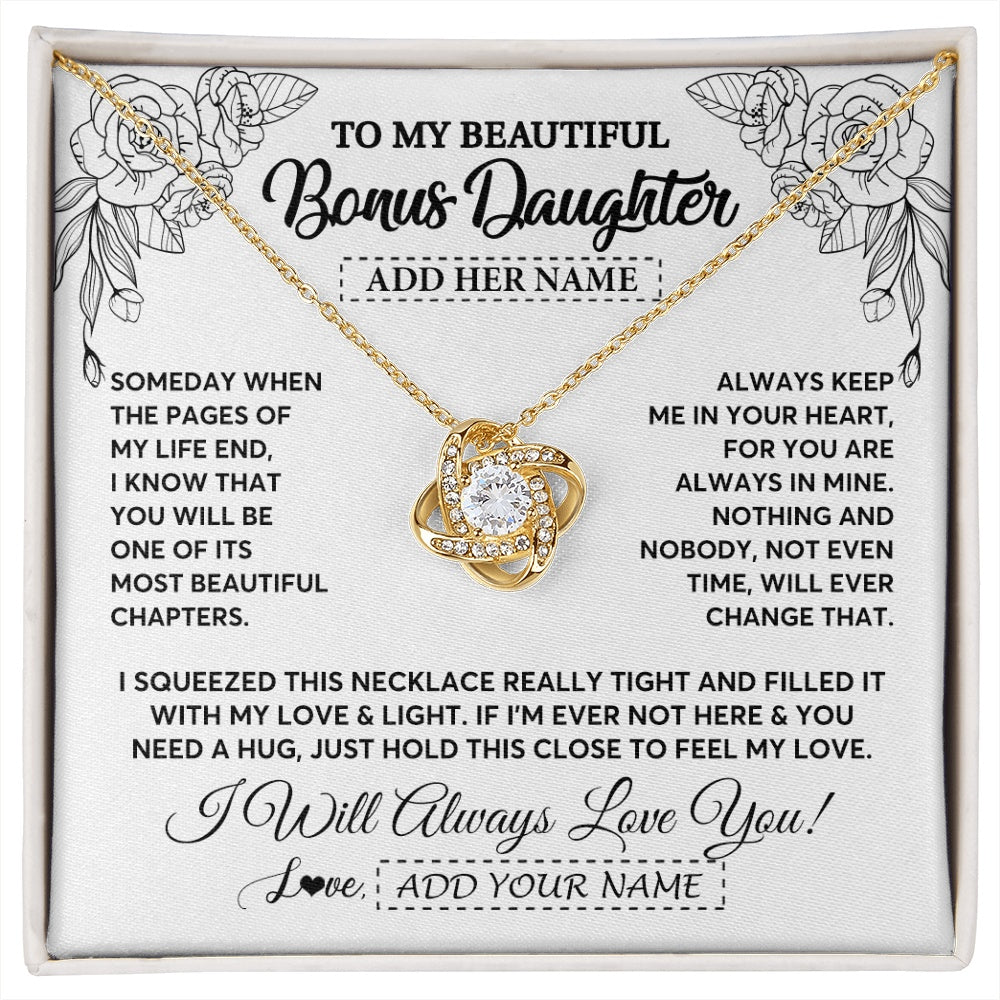 Love Knot Necklace 18K Yellow Gold Finish | 1 | Personalized To My Bonus Daughter Gifts Necklace From Stepmom Stepdad Someday When The Pages Birthday Stepdaughter Christmas Graduation Gift Box Message Card | https://siriusteestore.