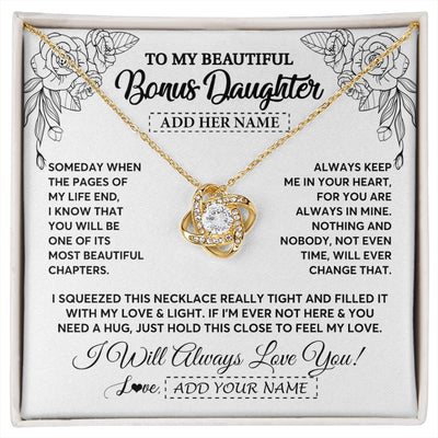 Love Knot Necklace 18K Yellow Gold Finish | 1 | Personalized To My Bonus Daughter Gifts Necklace From Stepmom Stepdad Someday When The Pages Birthday Stepdaughter Christmas Graduation Gift Box Message Card | https://siriusteestore.