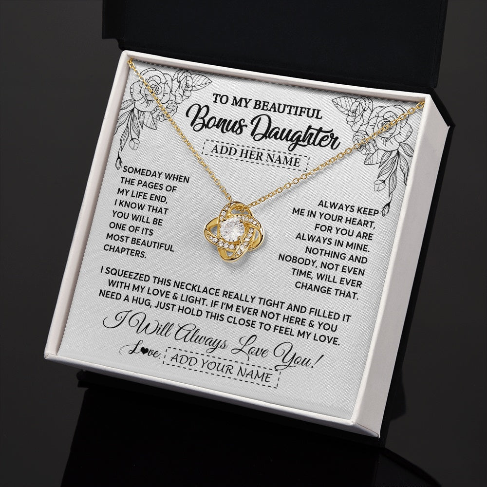 Love Knot Necklace 18K Yellow Gold Finish | 2 | Personalized To My Bonus Daughter Gifts Necklace From Stepmom Stepdad Someday When The Pages Birthday Stepdaughter Christmas Graduation Gift Box Message Card | https://siriusteestore.
