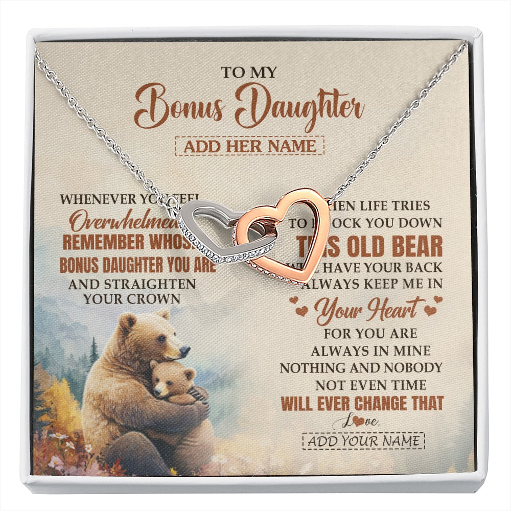 Interlocking Hearts Necklace Stainless Steel & Rose Gold Finish | 1 | Personalized To My Bonus Daughter Gifts Necklace From Stepmom Whenever Bear Unique Birthday Gifts For Stepdaughter Graduation Christmas Gift Box Message Card | siriusteestore.myshopify