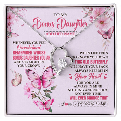 Forever Love Necklace 14K White Gold Finish | 1 | Personalized To My Bonus Daughter Gifts Necklace From Stepmom Whenever Butterfly Unique Birthday Gifts Stepdaughter Graduation Christmas Gift Box Message Card | siriusteestore.myshopify
