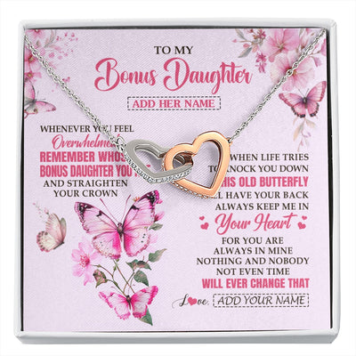 Interlocking Hearts Necklace Stainless Steel & Rose Gold Finish | 1 | Personalized To My Bonus Daughter Gifts Necklace From Stepmom Whenever Butterfly Unique Birthday Gifts Stepdaughter Graduation Christmas Gift Box Message Card | siriusteestore.myshopify