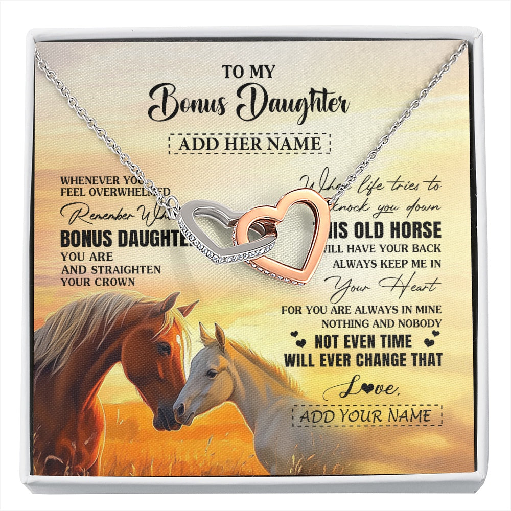 Interlocking Hearts Necklace Stainless Steel & Rose Gold Finish | 1 | Personalized To My Bonus Daughter Gifts Necklace From Stepmom Whenever Horse Unique Birthday Gifts For Stepdaughter Graduation Christmas Gift Box Message Card | siriusteestore.myshopify