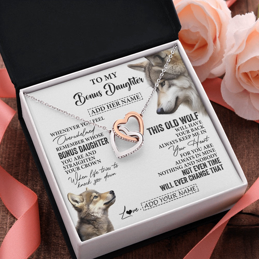 Interlocking Hearts Necklace Stainless Steel & Rose Gold Finish | 2 | Personalized To My Bonus Daughter Gifts Necklace From Stepmom Whenever Wolf Unique Birthday For Stepdaughter Graduation Christmas Custom Gift Box Message Card | https://siriusteestore.
